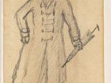 an old drawing of a man in a top hat and coat holding a cane