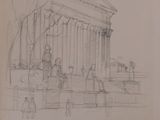 sketches of a drawing of a building with people standing around it