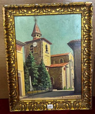 un tableau représentant un bâtiment sur lequel figure une horloge