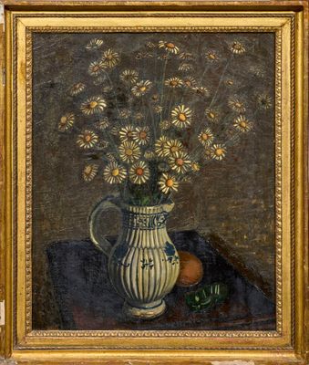 painting of a vase of daisies and an orange on a table
