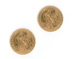 deux pièces d'or sur une surface blanche