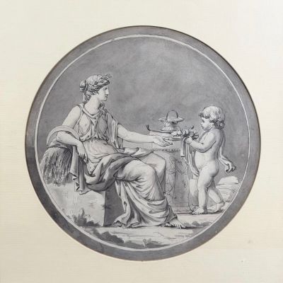 un vieux dessin représentant une femme assise sur une chaise avec un enfant