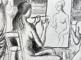 drawing of a woman sitting on a chair in front of a painting