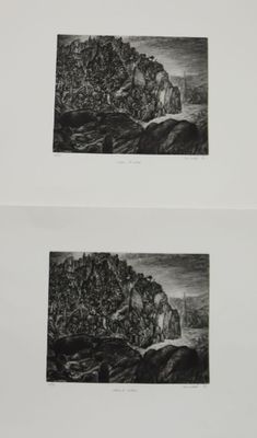 deux tirages en noir et blanc représentant un paysage de montagne