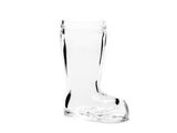 a glass boot shaped vase sitting on a white surface
