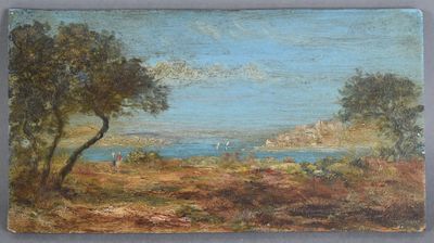 une peinture à l'huile représentant un paysage avec des arbres et un plan d'eau