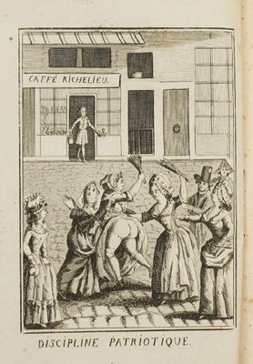 an old book with a drawing of a man being taken out of a building