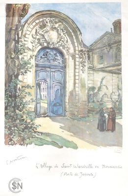 drawing of a painting of a blue door in a stone building