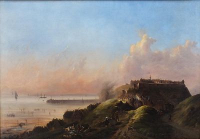 tableau représentant un château situé sur une colline surplombant un plan d'eau