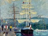 tableau représentant un tableau d'un bateau dans un port, avec des gens qui se promènent sur le quai