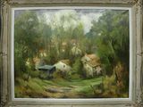 une peinture à l'huile représentant une scène de campagne avec un chemin de terre au premier plan