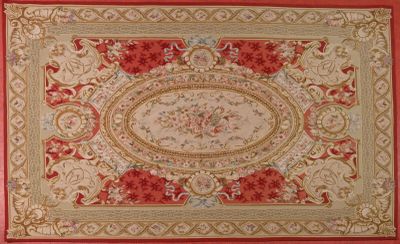 an image of a rug with a red border and a gold border