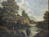 a painting of a man on a horse by a waterfall