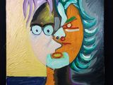 tableau représentant le visage d'une femme aux cheveux violets et aux yeux verts