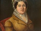 painting of a woman in a brown dress and bonnet sitting in a red chair