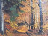 une peinture à l'huile représentant un sentier dans les bois, bordé d'arbres