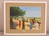 painting of a group of people standing around a horse race track
