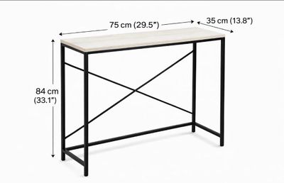 the height of a console table with a wooden top and metal frame
