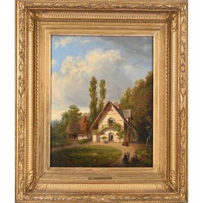 un tableau représentant une scène de campagne avec une maison en arrière-plan
