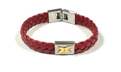 bracelet en cuir tressé rouge avec fermoir en forme d'étoile dorée