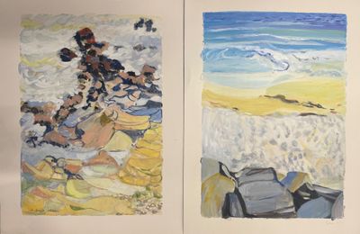 deux tableaux représentant des personnes assises sur la plage, au bord de l'eau