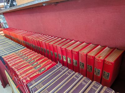 rows of red books on a shelf in a store