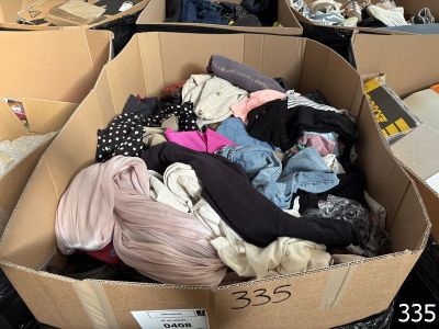 une boîte en carton pleine de vêtements posée sur le sol
