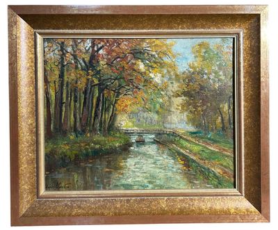 an oil painting of a river in a wooded area with a bridge