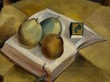un tableau représentant deux poires et un livre posés sur une table