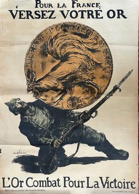 french poster of a soldier carrying a large coin on his back