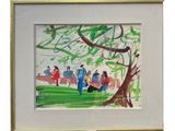 painting of a group of people sitting under a tree in a park