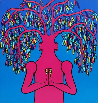 une image représentant un tableau où l'on voit une femme avec un arbre sur la tête