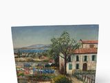 un tableau représentant une maison avec un jardin devant