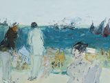 un tableau représentant des personnes sur la plage, avec des bateaux en arrière-plan