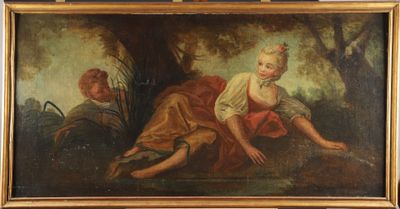 an oil painting of a woman laying on the ground next to a man