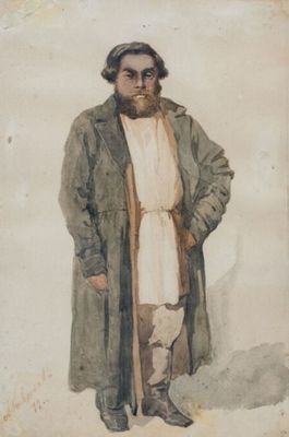 painting of a man in a long coat and hat standing in front of a white background