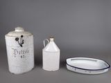 two white and blue containers and a white container with a lid