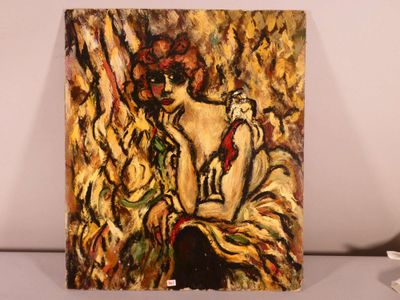 painting of a woman sitting on a table next to a vase