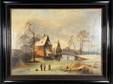 une peinture à l'huile représentant une scène hivernale avec des personnes sur un lac gelé