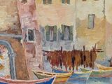 painting of boats docked in a harbor with buildings in the background