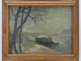 an oil painting of a train coming down the tracks near a tree