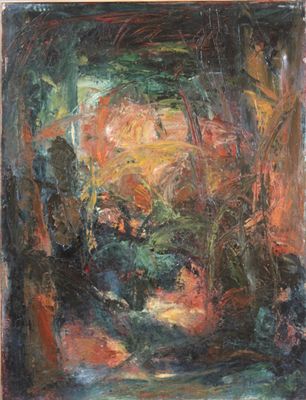 an oil painting of a forest scene with trees and bushes