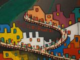 a painting of a train going down the tracks