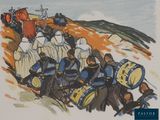 un tableau représentant un groupe de personnes sur une colline