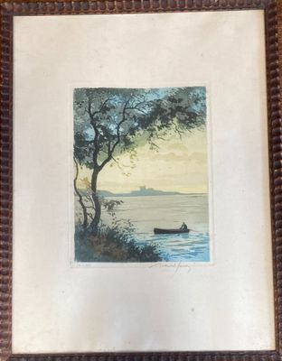 painting of a man in a boat on a lake in a frame