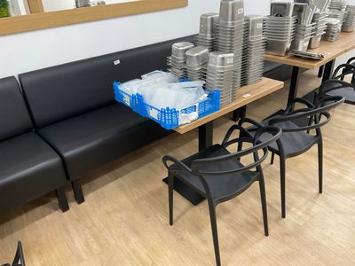 many chairs and tables in a room with a lot of plates on the table