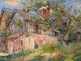 an oil painting of a house on a hill with a fence