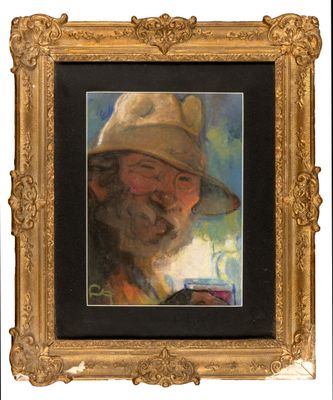 an oil painting of a man with a hat and glasses