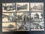several old black and white photos of people and animals in a town