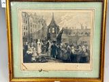 an old picture of a group of people gathered around a building